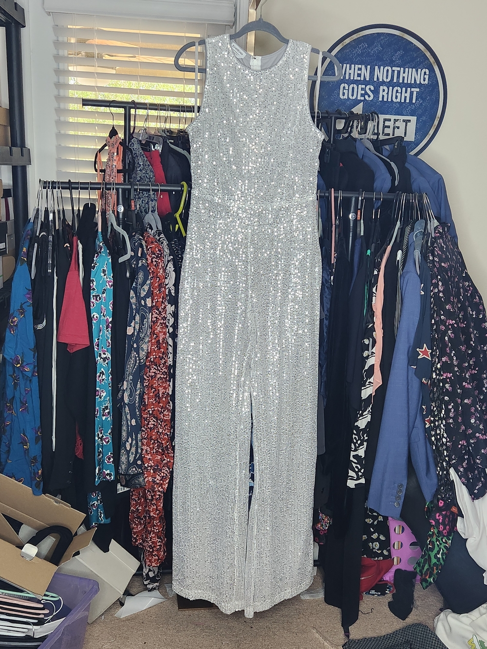 bebe Silver Sequin Sleeveless Jumpsuit